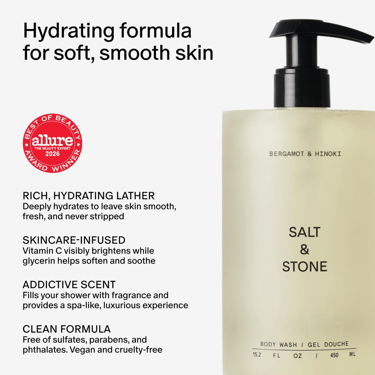Salt & Stone Body Wash for Women & Men, Bergamot & Hinoki 15.2 fl oz