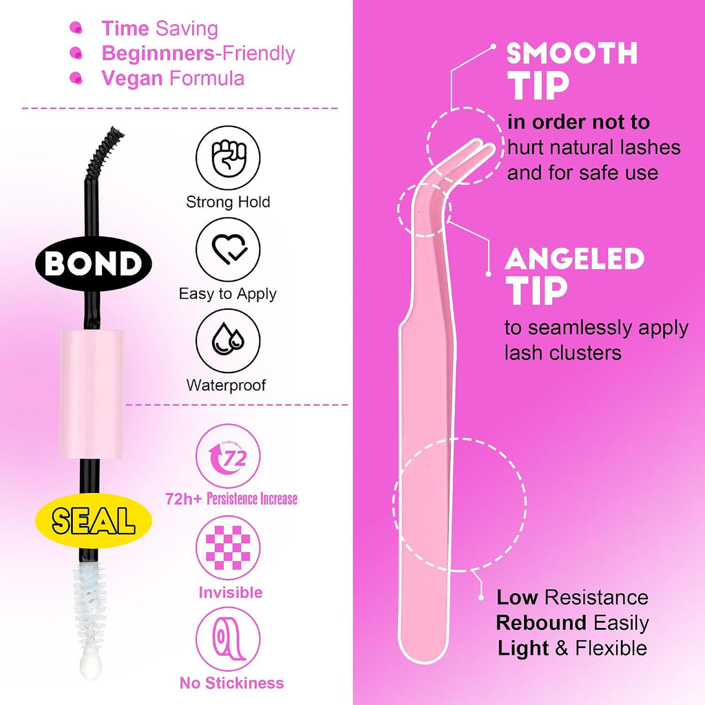 Pawotence Lash Extension Kit DIY 280pcs Lash Clusters Eyelash Extension Kit, 9-16mm 30D 40D Individual Lashes Kit with Lash Bond and Seal, Lash Tweezers for Self Use (30D&40D, 0.07D, 9-16mm, Kit)