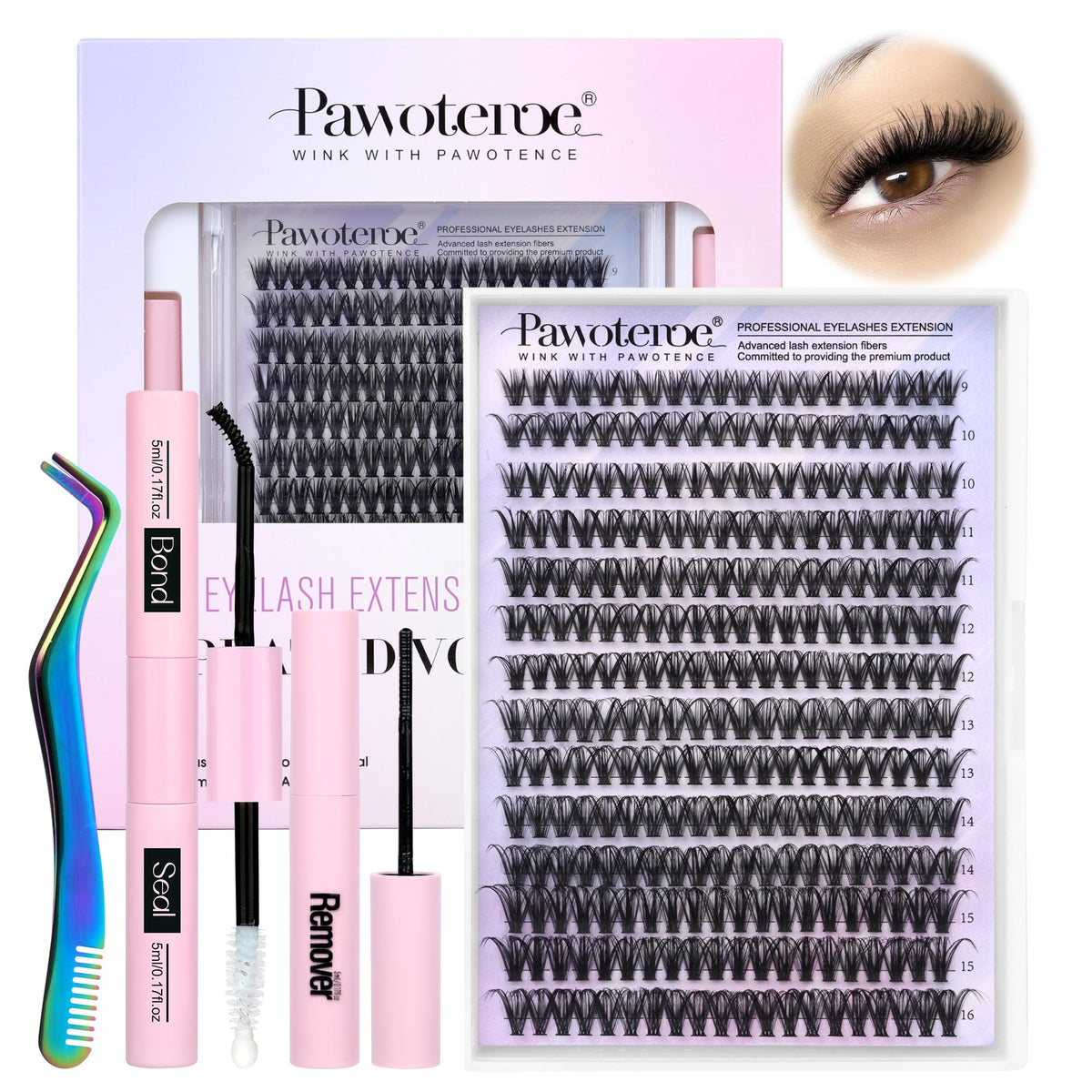 Pawotence Lash Extension Kit DIY 280pcs Lash Clusters Eyelash Extension Kit, 9-16mm 30D 40D Individual Lashes Kit with Lash Bond and Seal, Lash Tweezers for Self Use (30D&40D, 0.07D, 9-16mm, Kit)