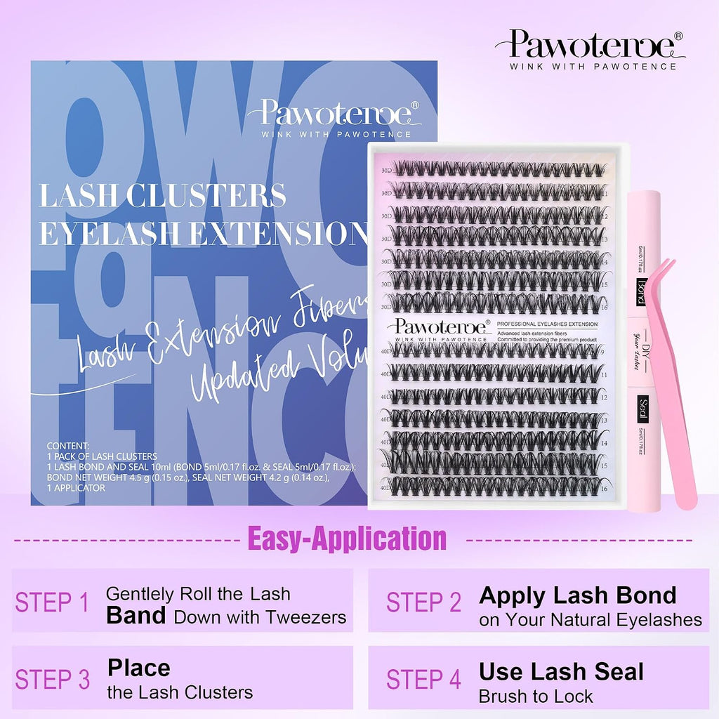 Pawotence Lash Extension Kit DIY 280pcs Lash Clusters Eyelash Extension Kit, 9-16mm 30D 40D Individual Lashes Kit with Lash Bond and Seal, Lash Tweezers for Self Use (30D&40D, 0.07D, 9-16mm, Kit)