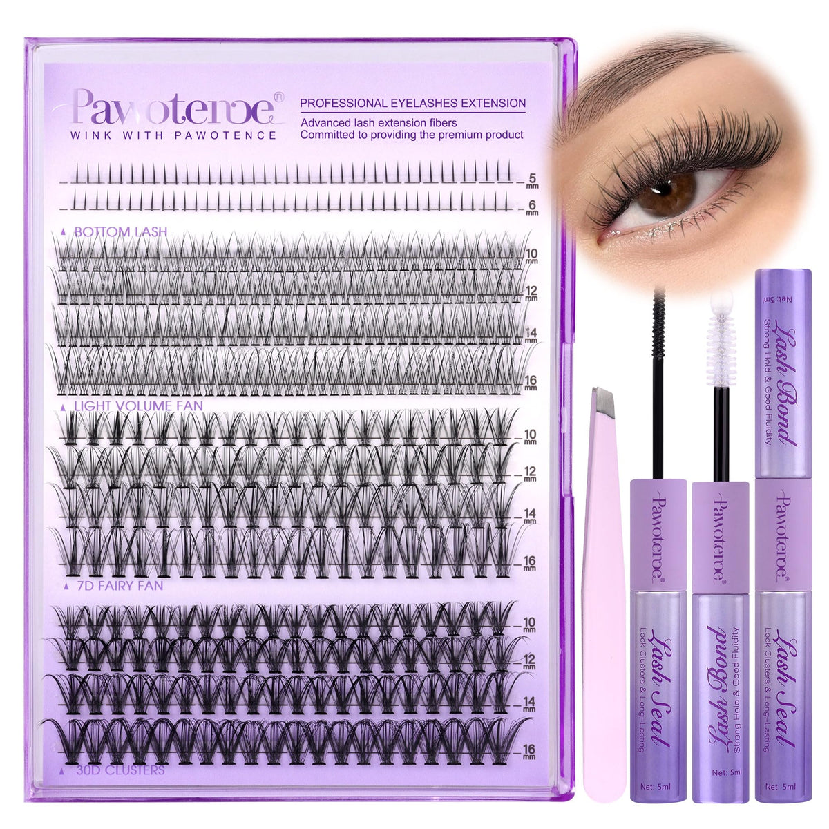 Pawotence Lash Extension Kit DIY 280pcs Lash Clusters Eyelash Extension Kit, 9-16mm 30D 40D Individual Lashes Kit with Lash Bond and Seal, Lash Tweezers for Self Use (30D&40D, 0.07D, 9-16mm, Kit)